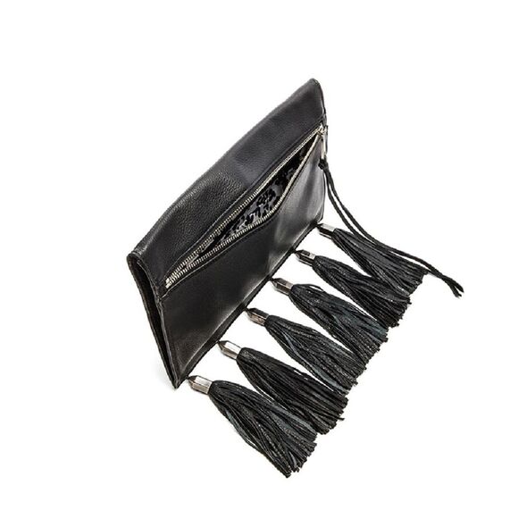 REBECCA MINKOFF‎ Kinga Leather Tassel Clutch Black - Picture 2 of 7